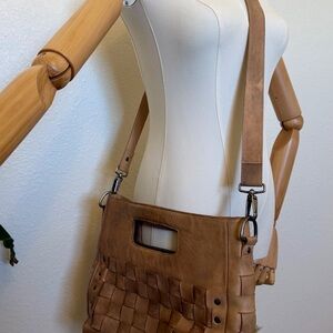 Bed Stu Tan Woven Leather Shoulder Bag with Cutout Handle